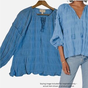 Cleobella Azariah Sky Blue Smocked Split Neck Tassel Blouse Top Lg